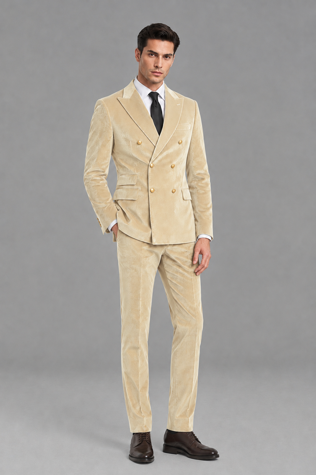 Savile Men's Champagne Velvet Double-Breasted 2-Piece Suit Set | Peak Lapel Blazer & Trousers - Champagne