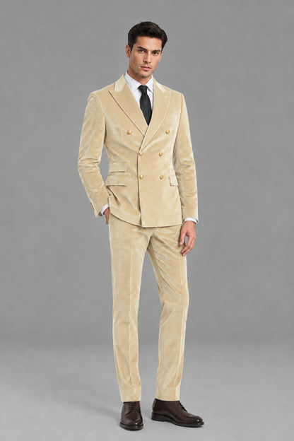 Savile Men's Champagne Velvet Double-Breasted 2-Piece Suit Set | Peak Lapel Blazer & Trousers - Champagne