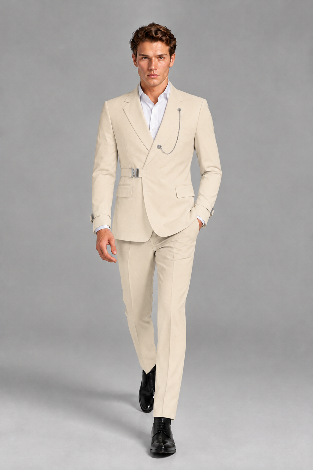 Savile Men's Champagne Buckle-Closure 2-Piece Suit Set | Peak Lapel Blazer & Trousers - Champagne
