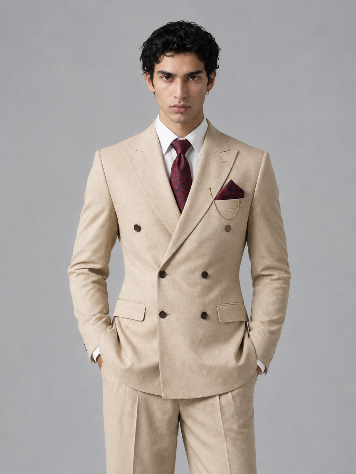 Savile Men's Beige Double-Breasted 2-Piece Suit Set – Peak Lapel Blazer & Pleated Wide-Leg Trousers