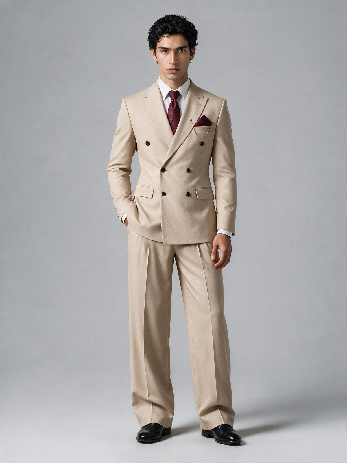 Savile Men's Beige Double-Breasted 2-Piece Suit Set – Peak Lapel Blazer & Pleated Wide-Leg Trousers