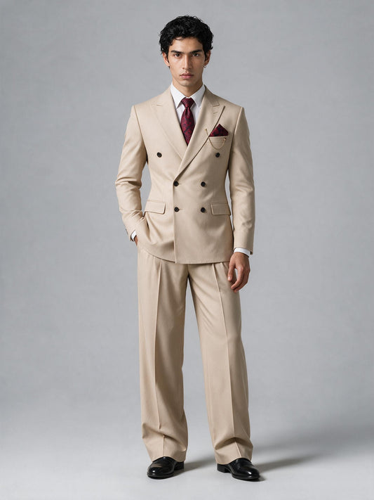 Savile Men's Beige Double-Breasted 2-Piece Suit Set – Peak Lapel Blazer & Pleated Wide-Leg Trousers