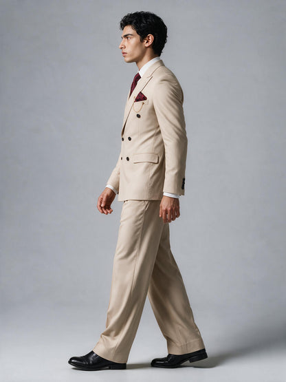 Savile Men's Beige Double-Breasted 2-Piece Suit Set – Peak Lapel Blazer & Pleated Wide-Leg Trousers
