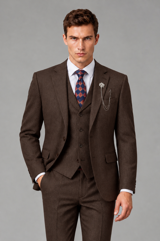 Savile Men's Grey Notch Lapel 3-Piece Suit Set | Jacket, Vest & Trousers - Chocolate - Chocolate