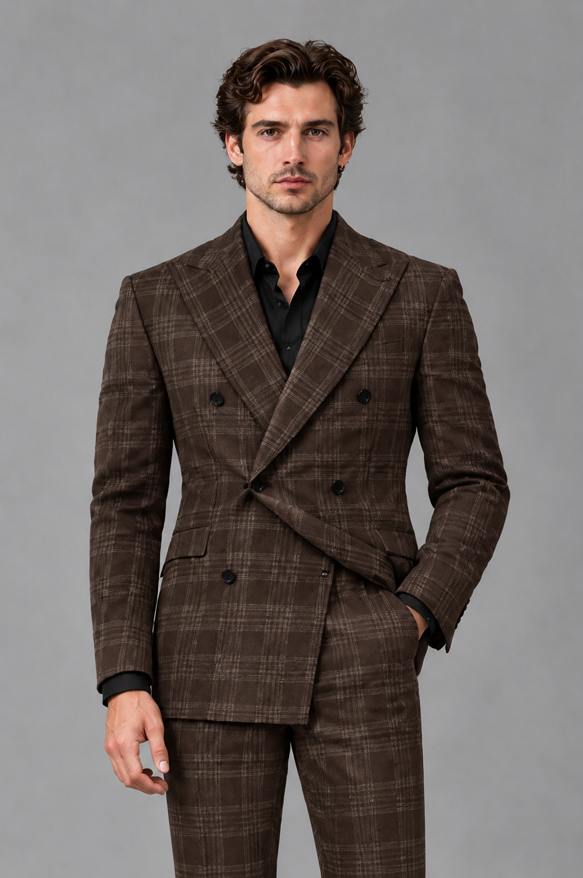 Savile Men's Rust Plaid 2-Piece Double-Breasted Suit – Peak Lapel Slim-Fit Jacket & Trousers Set - Chocolate - Chocolate