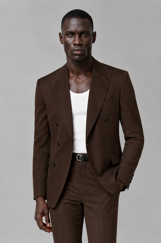 Savile Men's Chocolate Double Breasted Slim Fit 2-Piece Suit Set – Blazer & Trousers | Wedding Gala Formal - Chocolate - Chocolate_01