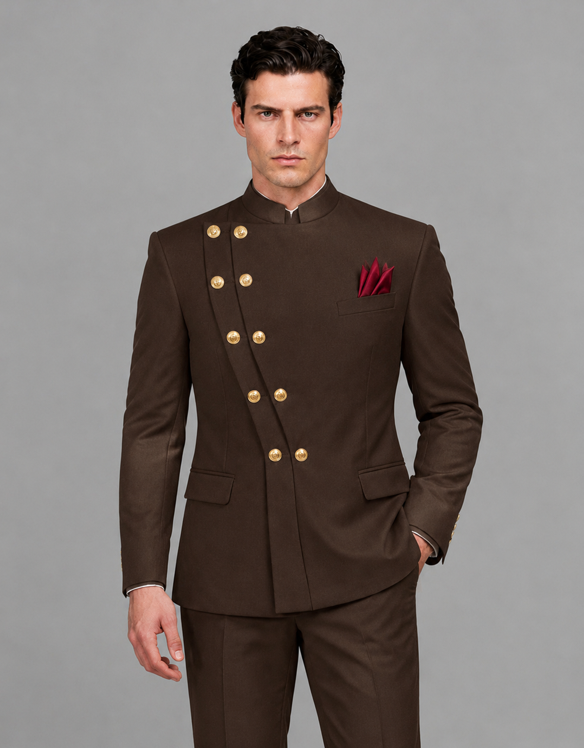 BOLODOO Men's Chocolate Asymmetrical Mandarin Collar Tuxedo Suit – Modern 2-Piece Gold Button Wedding, Prom & Gala Set - Chocolate - Chocolate_01