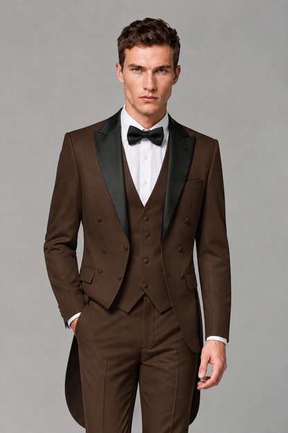 Savile Chocolate 3-Piece Tailcoat Tuxedo Suit with Black Peak Lapel - Chocolate - Chocolate_01