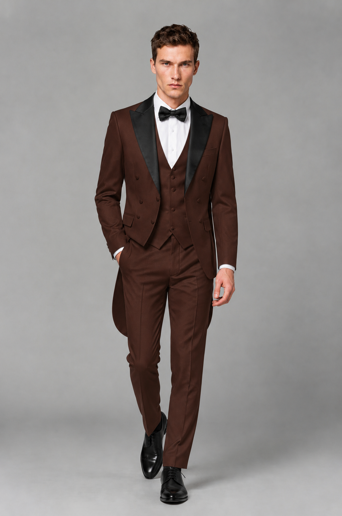 Savile Chocolate 3-Piece Tailcoat Tuxedo Suit with Black Peak Lapel - Chocolate - Chocolate_02