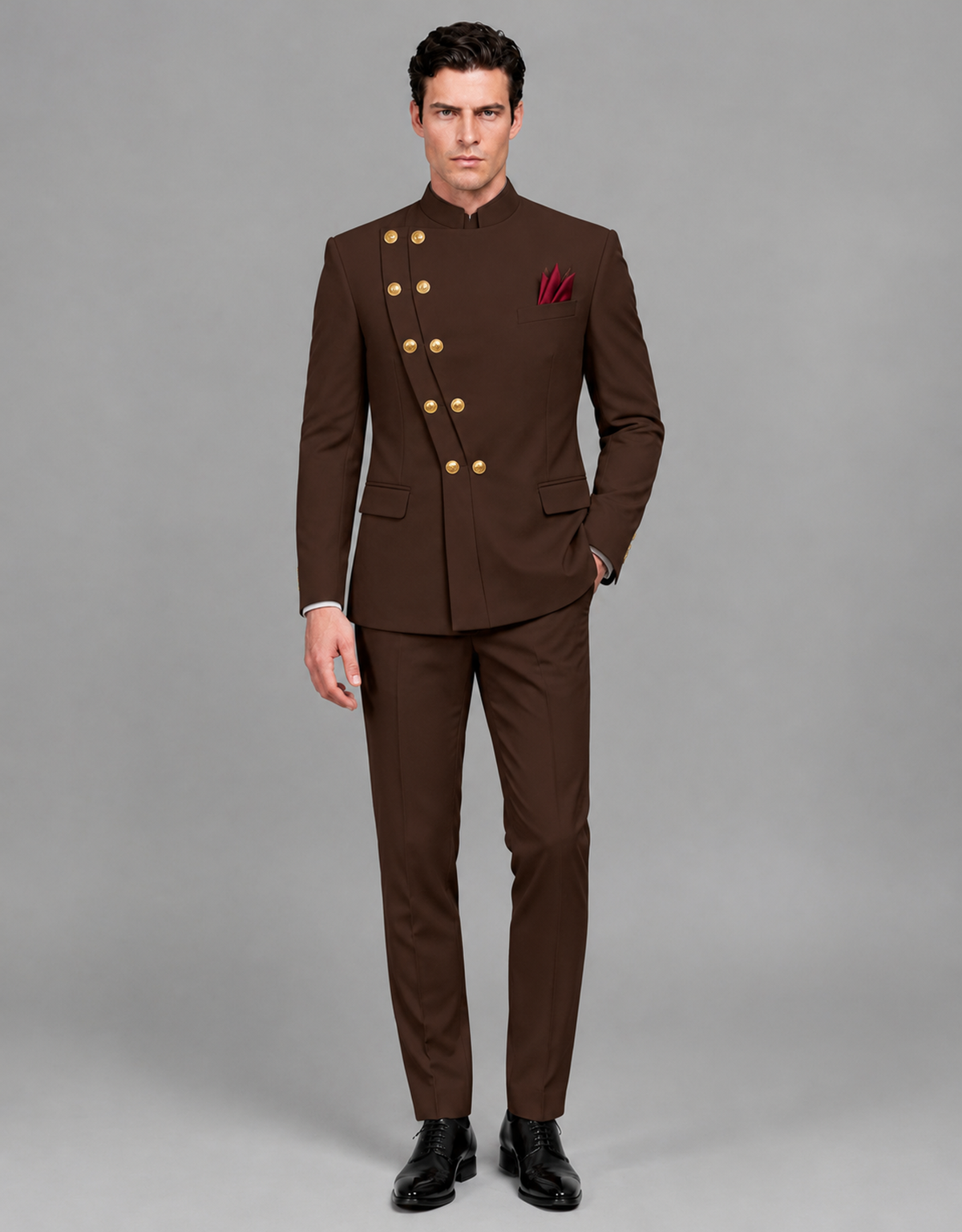 BOLODOO Men's Chocolate Asymmetrical Mandarin Collar Tuxedo Suit – Modern 2-Piece Gold Button Wedding, Prom & Gala Set - Chocolate - Chocolate_02