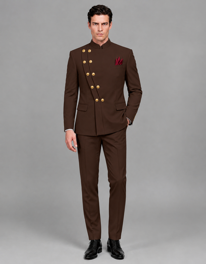 BOLODOO Men's Chocolate Asymmetrical Mandarin Collar Tuxedo Suit – Modern 2-Piece Gold Button Wedding, Prom & Gala Set - Chocolate - Chocolate_02
