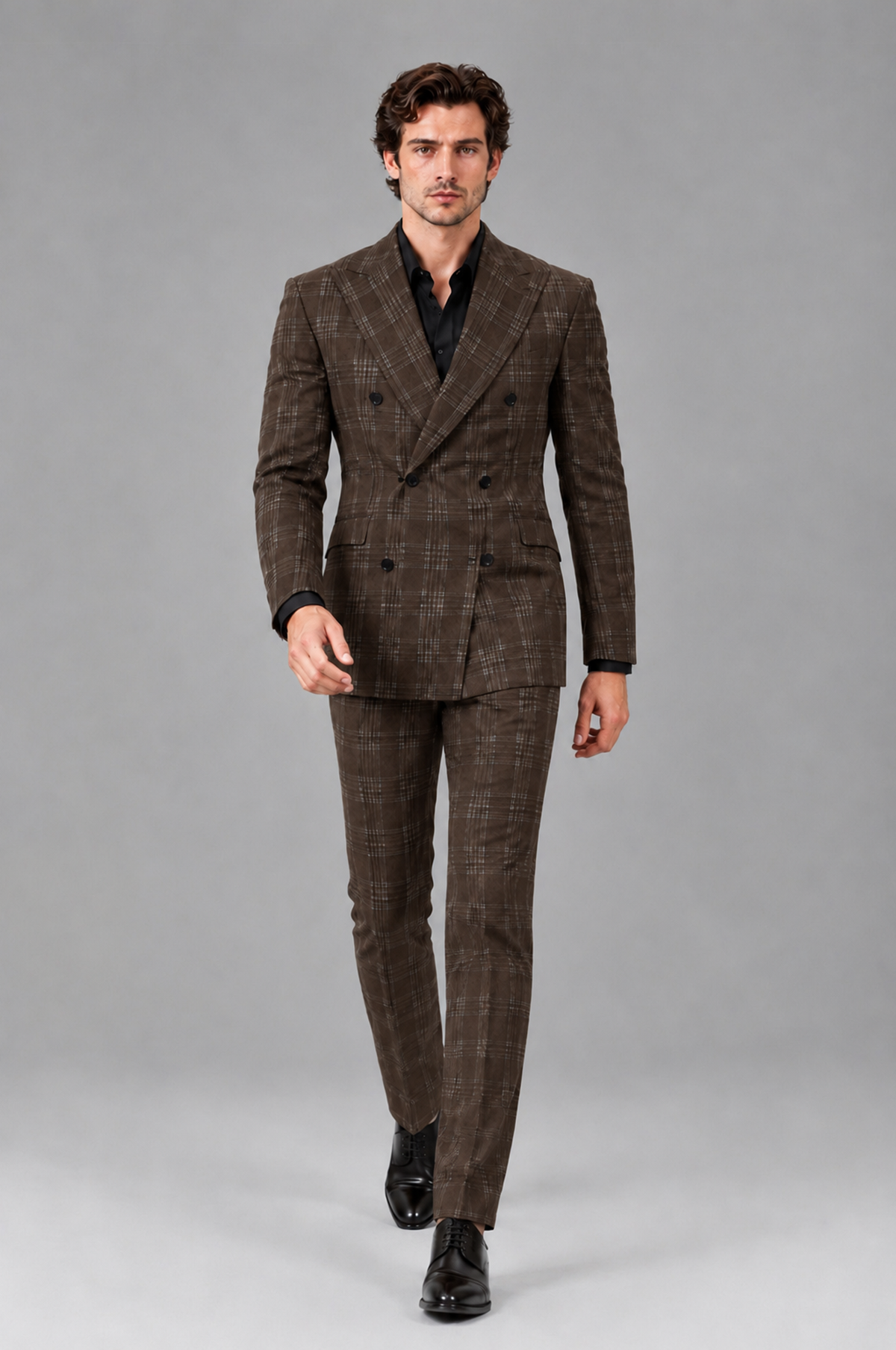 Savile Men's Rust Plaid 2-Piece Double-Breasted Suit – Peak Lapel Slim-Fit Jacket & Trousers Set - Chocolate - Chocolate
