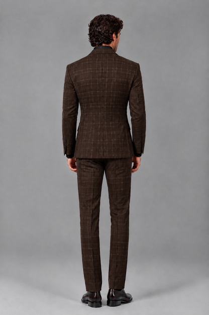 Savile Men's Rust Plaid 2-Piece Double-Breasted Suit – Peak Lapel Slim-Fit Jacket & Trousers Set - Chocolate - Chocolate