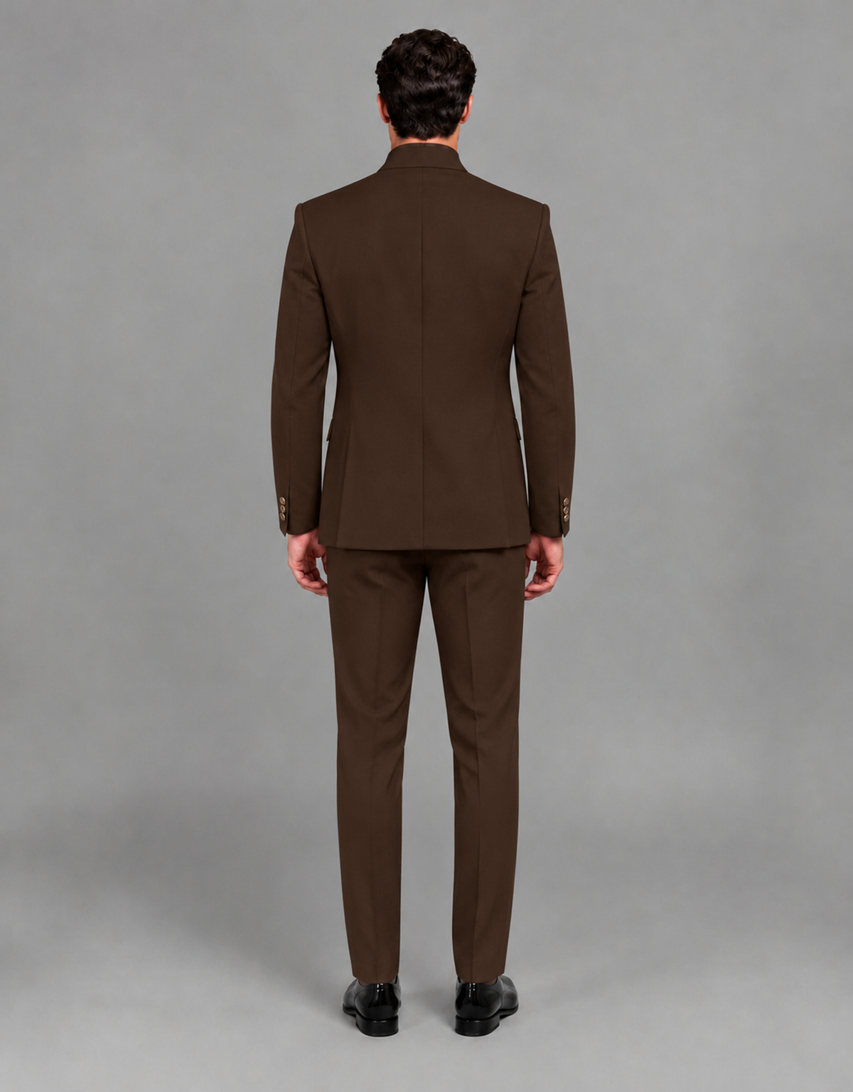 BOLODOO Men's Chocolate Asymmetrical Mandarin Collar Tuxedo Suit – Modern 2-Piece Gold Button Wedding, Prom & Gala Set - Chocolate - Chocolate_03
