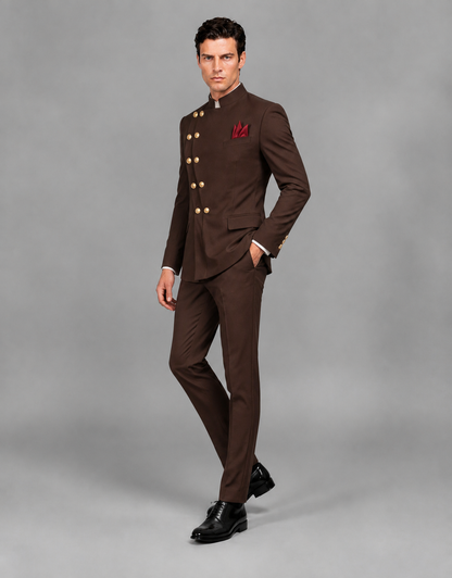 BOLODOO Men's Chocolate Asymmetrical Mandarin Collar Tuxedo Suit – Modern 2-Piece Gold Button Wedding, Prom & Gala Set - Chocolate - Chocolate_04