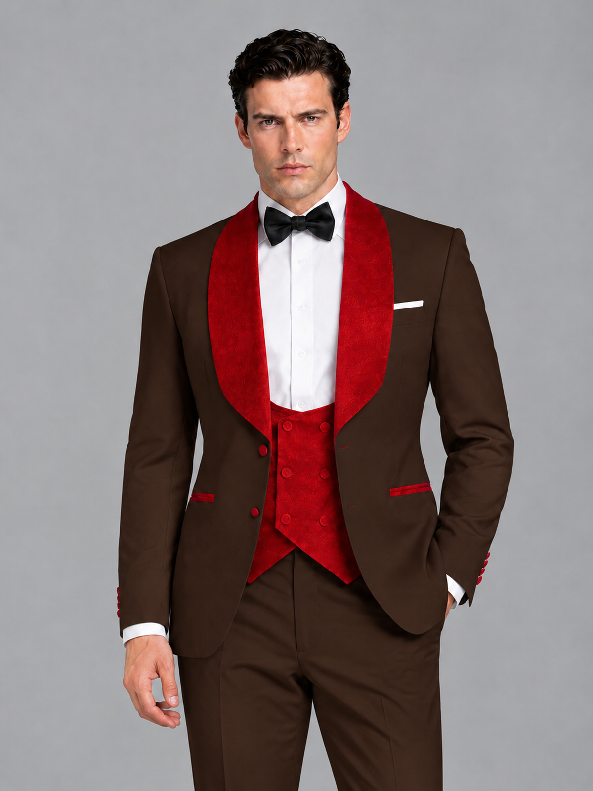 Savile Men's Chocolate 3-Piece Tuxedo Suit Set – Contrast Red Shawl Lapel Blazer, Red Waistcoat & Trousers - SUC020 - Chocolate