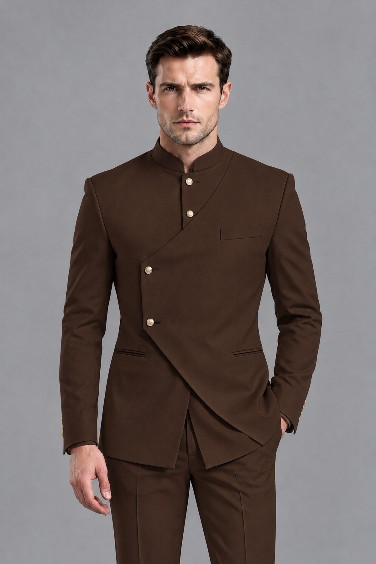 Savile Men's Chocolate Asymmetrical Mandarin Collar Tuxedo Suit – Modern 2-Piece Gold Button Wedding, Prom & Gala Set - Chocolate - Chocolate_1