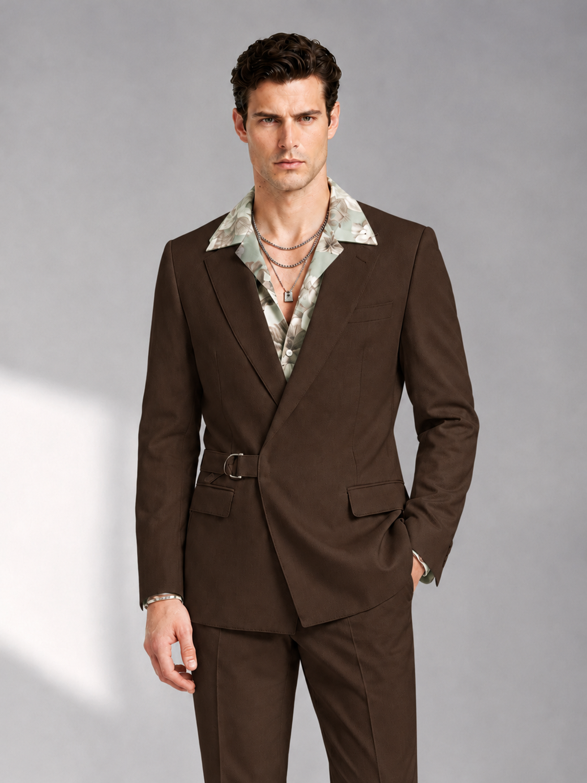 Savile Men's Chocolate Belted Wrap 2-Piece Suit – Peak Lapel Blazer & Tailored Trousers - SUC060 - Chocolate - Chocolate_1