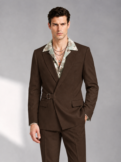 Savile Men's Chocolate Belted Wrap 2-Piece Suit – Peak Lapel Blazer & Tailored Trousers - SUC060 - Chocolate - Chocolate_1