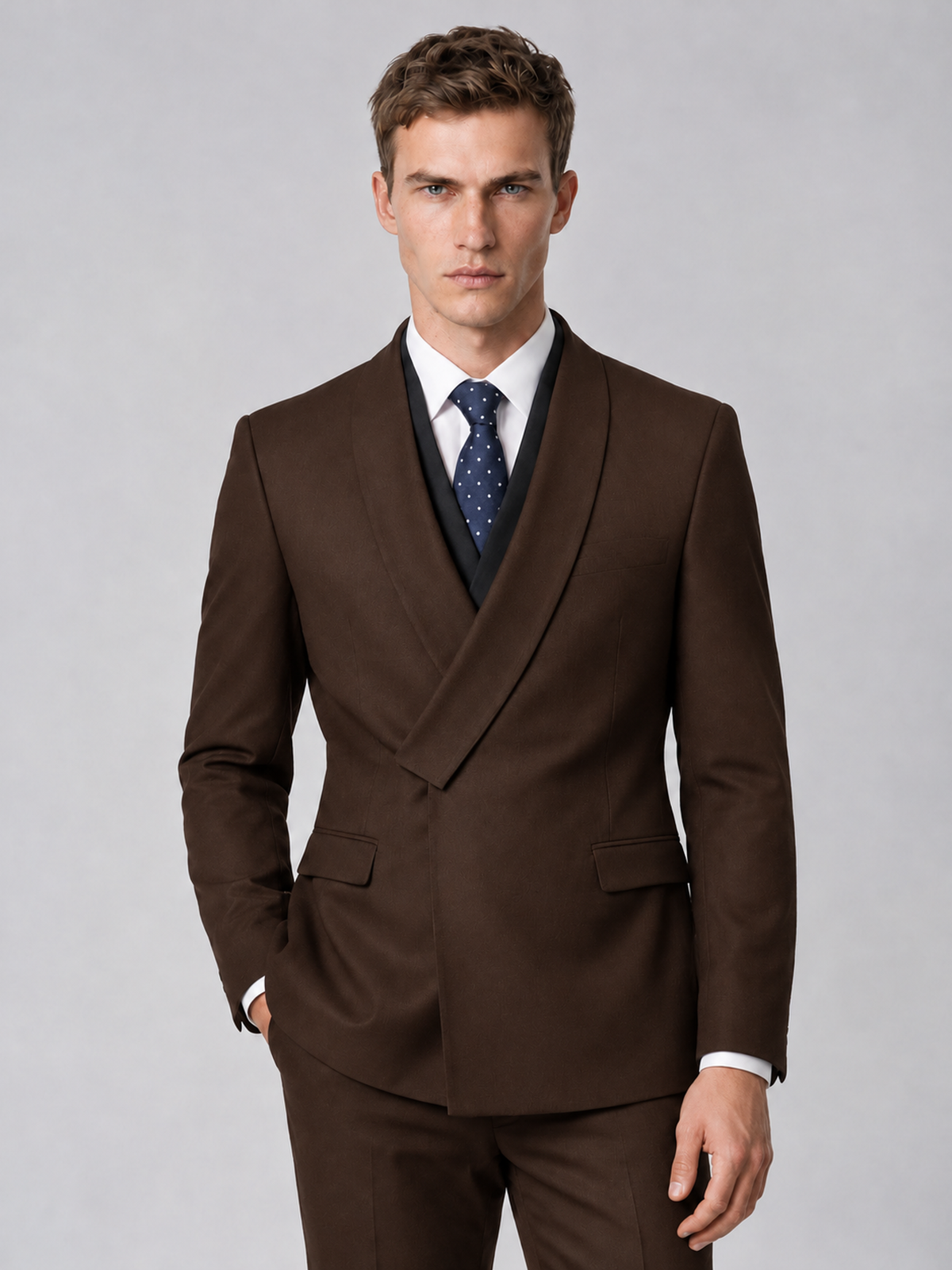 Savile Men's Chocolate Wrap Shawl Lapel 2-Piece Suit Set – Modern Jacket & Trousers - Chocolate - Chocolate_1