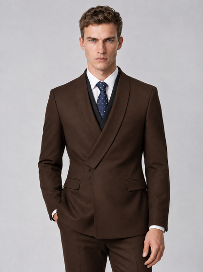 Savile Men's Chocolate Wrap Shawl Lapel 2-Piece Suit Set – Modern Jacket & Trousers - Chocolate - Chocolate_1
