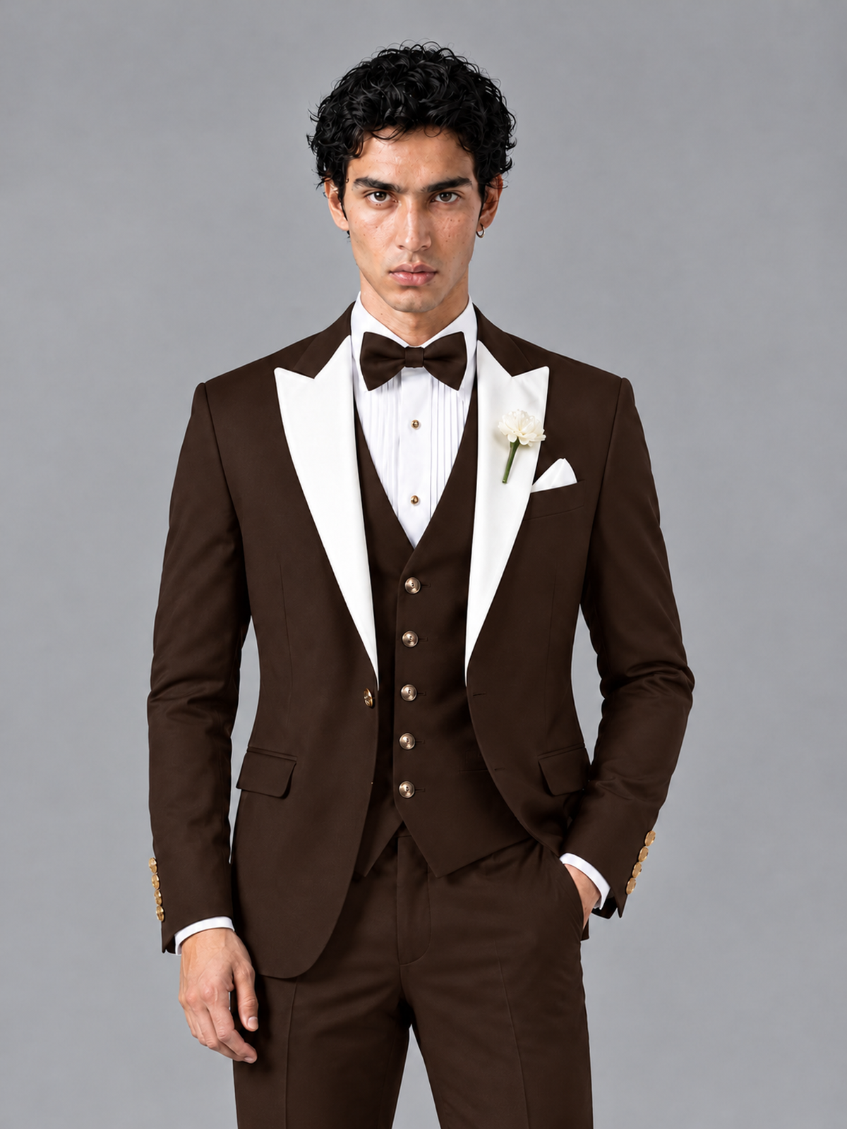 Savile Men's Chocolate Contrast White Peak Lapel 3-Piece Tuxedo Suit - Chocolate