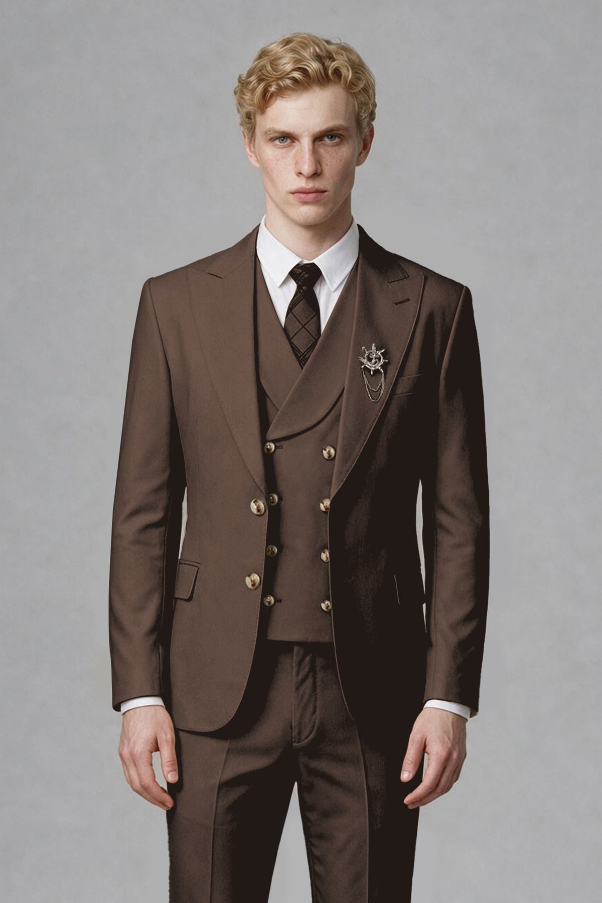Savile Men's Chocolate Three-Piece Wedding Suit with Double-Breasted Waistcoat - Chocolate