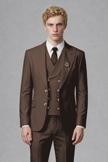 Savile Men's Chocolate Three-Piece Wedding Suit with Double-Breasted Waistcoat - Chocolate