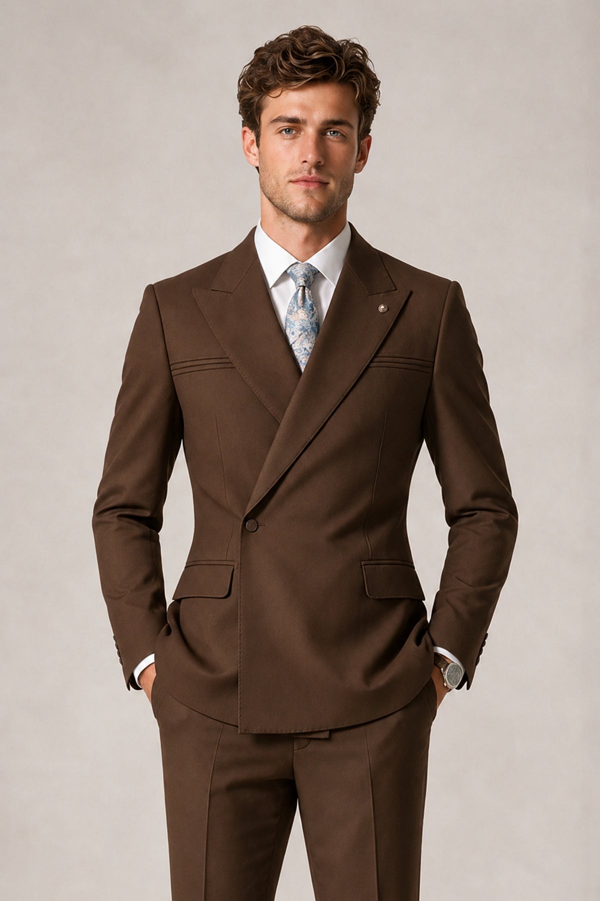 Savile Men's Chocolate Double-Breasted Slim Fit 2-Piece Suit Set – Peak Lapel Blazer & Cuffed Trousers | Wedding Prom Formal - Chocolate