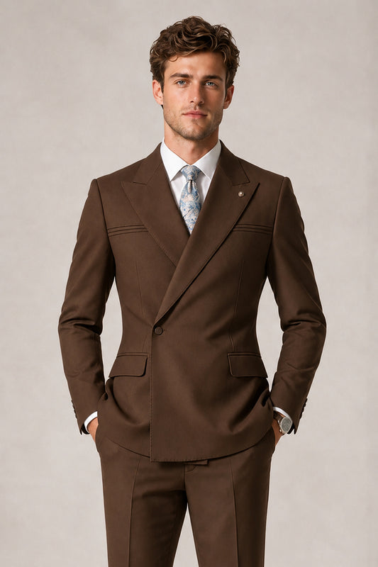 Savile Men's Chocolate Double-Breasted Slim Fit 2-Piece Suit Set – Peak Lapel Blazer & Cuffed Trousers | Wedding Prom Formal - Chocolate