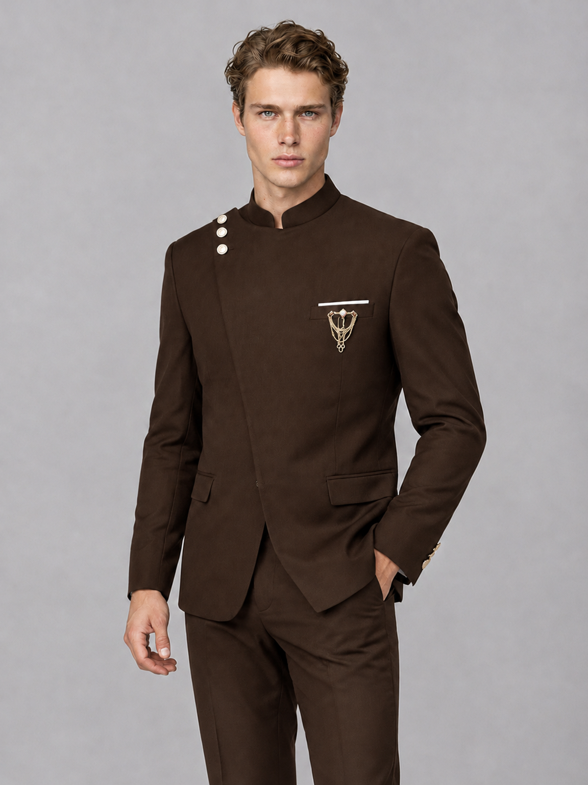 Savile Men's Chocolate Mandarin Collar Asymmetrical 2-Piece Suit Set – Modern Jacket & Trousers - Chocolate - Chocolate_1