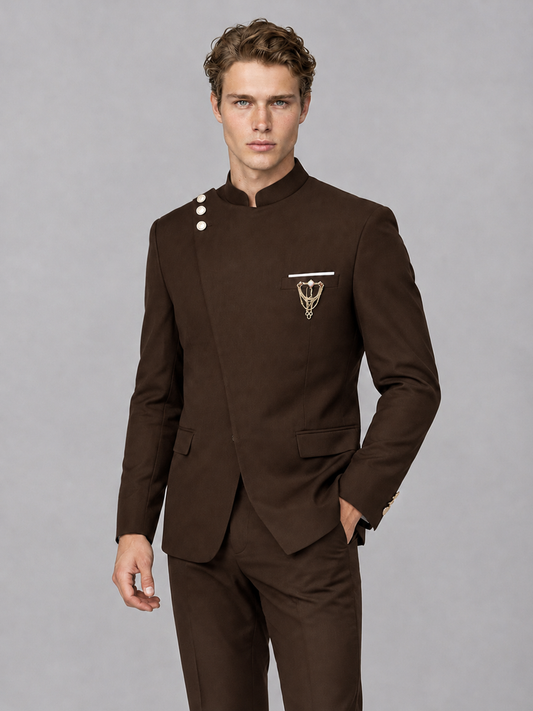 Savile Men's Chocolate Mandarin Collar Asymmetrical 2-Piece Suit Set – Modern Jacket & Trousers - Chocolate - Chocolate_1