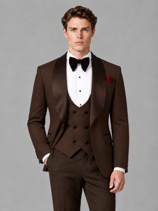 Savile Men's Chocolate Houndstooth Shawl Lapel 3-Piece Tuxedo Suit Set – Jacket, Vest & Trousers - Chocolate