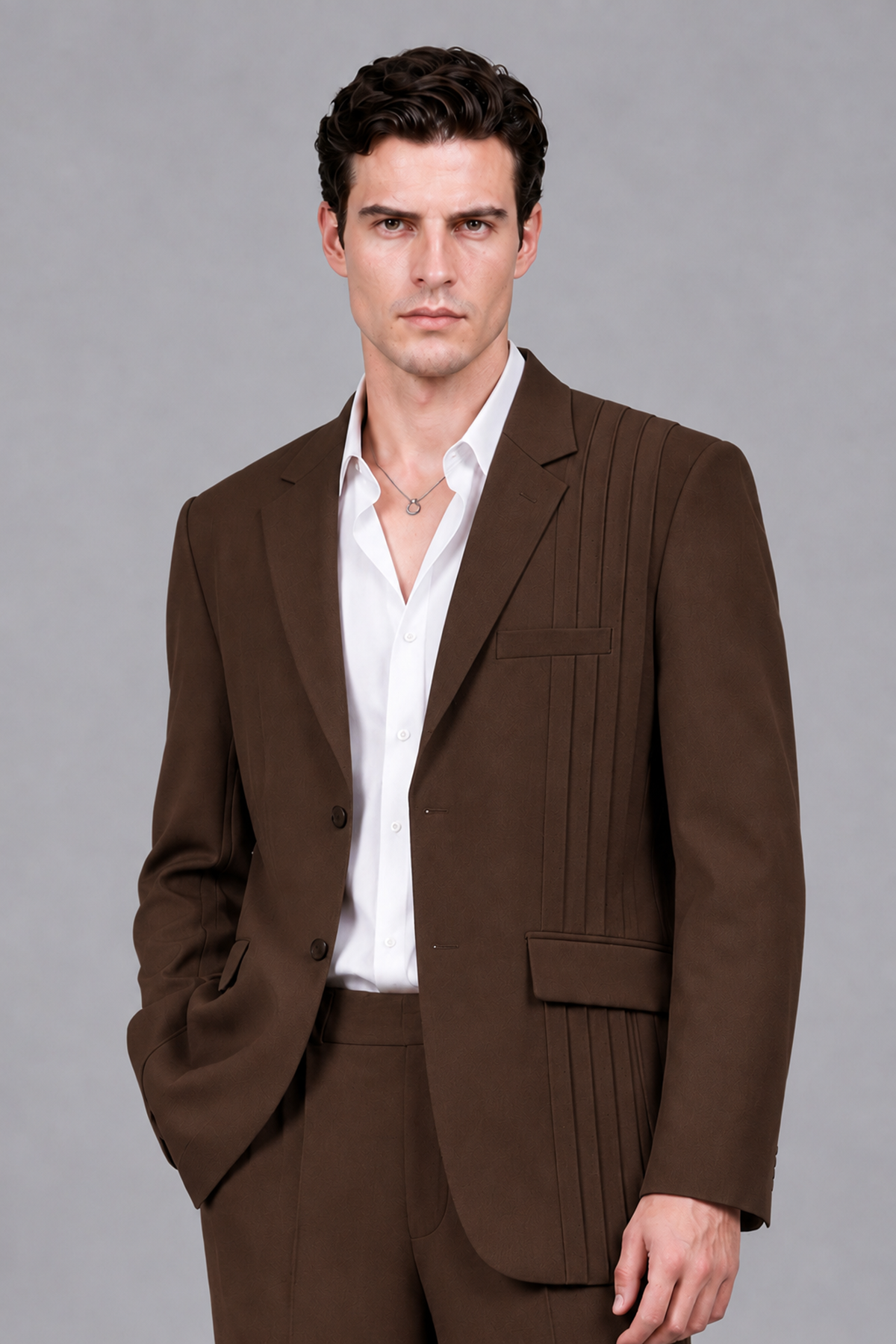 Savile Men's Chocolate Pleated 2-Piece Suit Set | Notch Lapel Blazer & Tailored Trousers - Chocolate - Chocolate_1