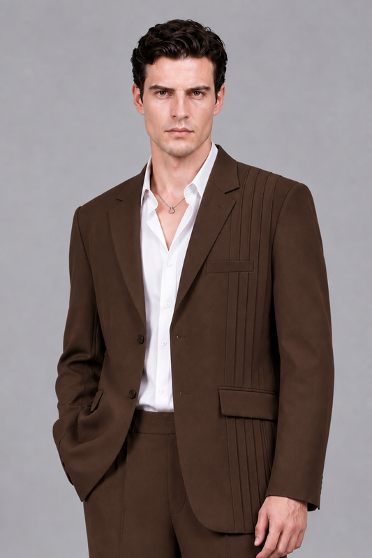 Savile Men's Chocolate Pleated 2-Piece Suit Set | Notch Lapel Blazer & Tailored Trousers - Chocolate - Chocolate_1
