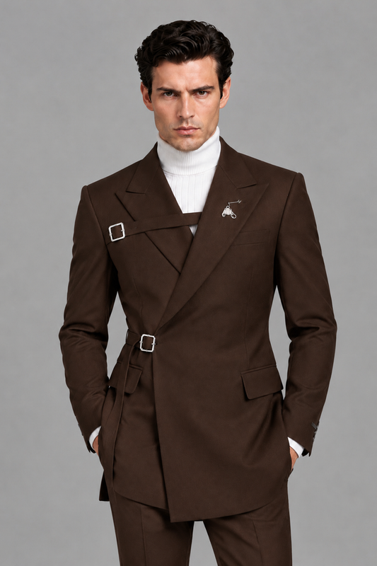 Savile Men's Chocolate Double Buckle Wrap Belted 2-Piece Suit Set – Peak Lapel Slim-Fit Jacket & Trousers - Chocolate - Chocolate_1