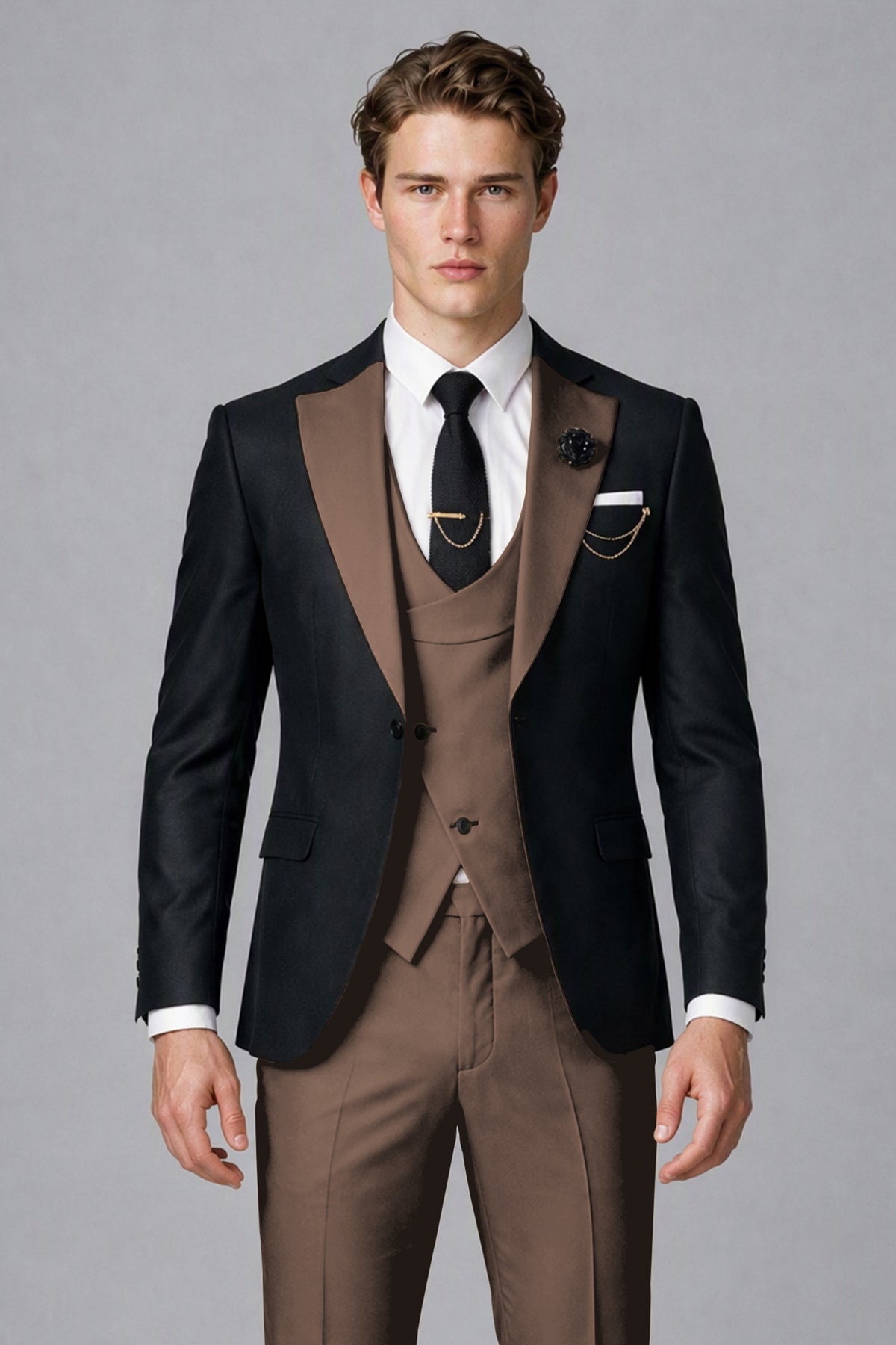 Savile Men's Black & Chocolate Three-Piece Wedding Suit - Chocolate