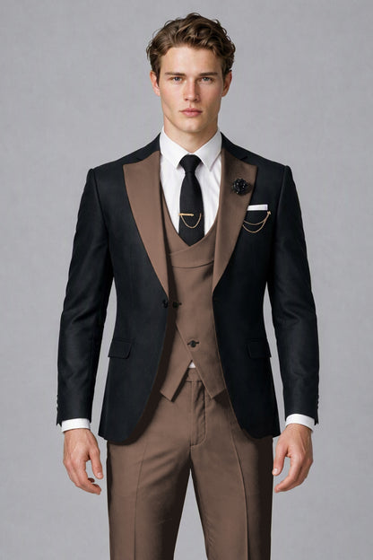 Savile Men's Black & Chocolate Three-Piece Wedding Suit - Chocolate