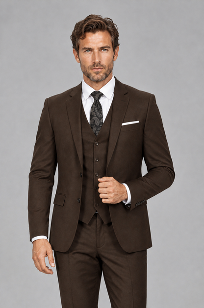 Savile Men's Chocolate 3-Piece Suit Set – Notch Lapel Blazer, Vest & Trousers - Chocolate - Chocolate_1