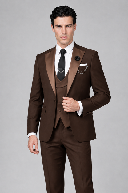 Savile Men's Chocolate 3-Piece Tuxedo Suit – Contrast Silver Peak Lapel & Grey Vest Formal Set - Chocolate - Chocolate_1