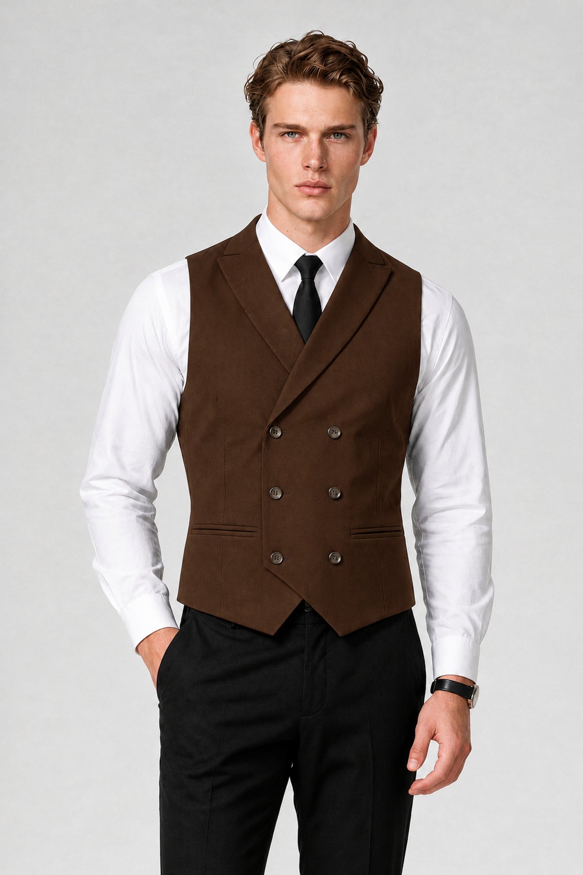 Men's Classic Chocolate Double-Breasted Shawl Lapel Suit Vest | Savile QX0100 - Chocolate