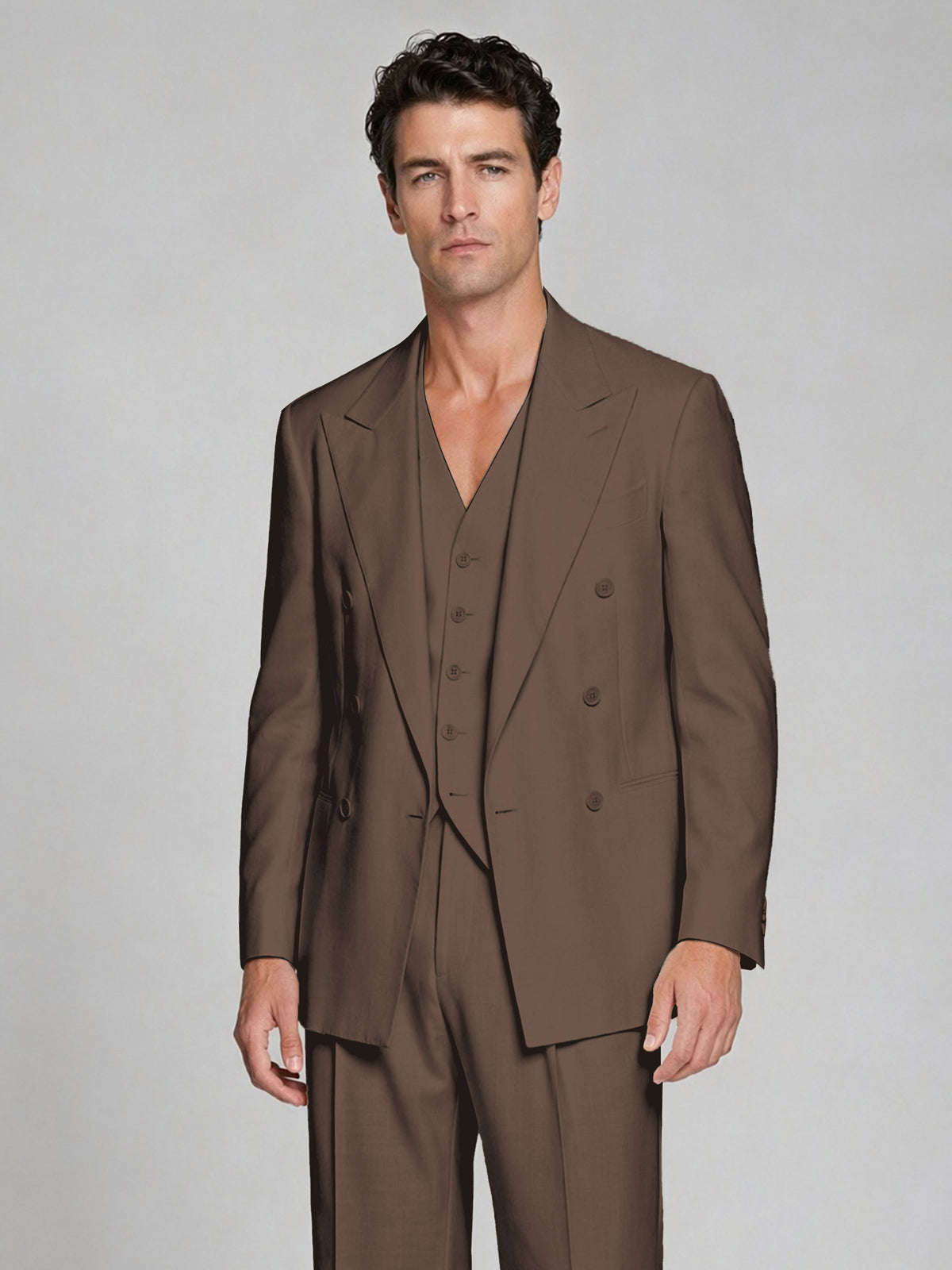 Men's Chocolate Double-Breasted 2-Piece Suit – Peak Lapel Wedding & Beach Formal Set with Vest - Chocolate