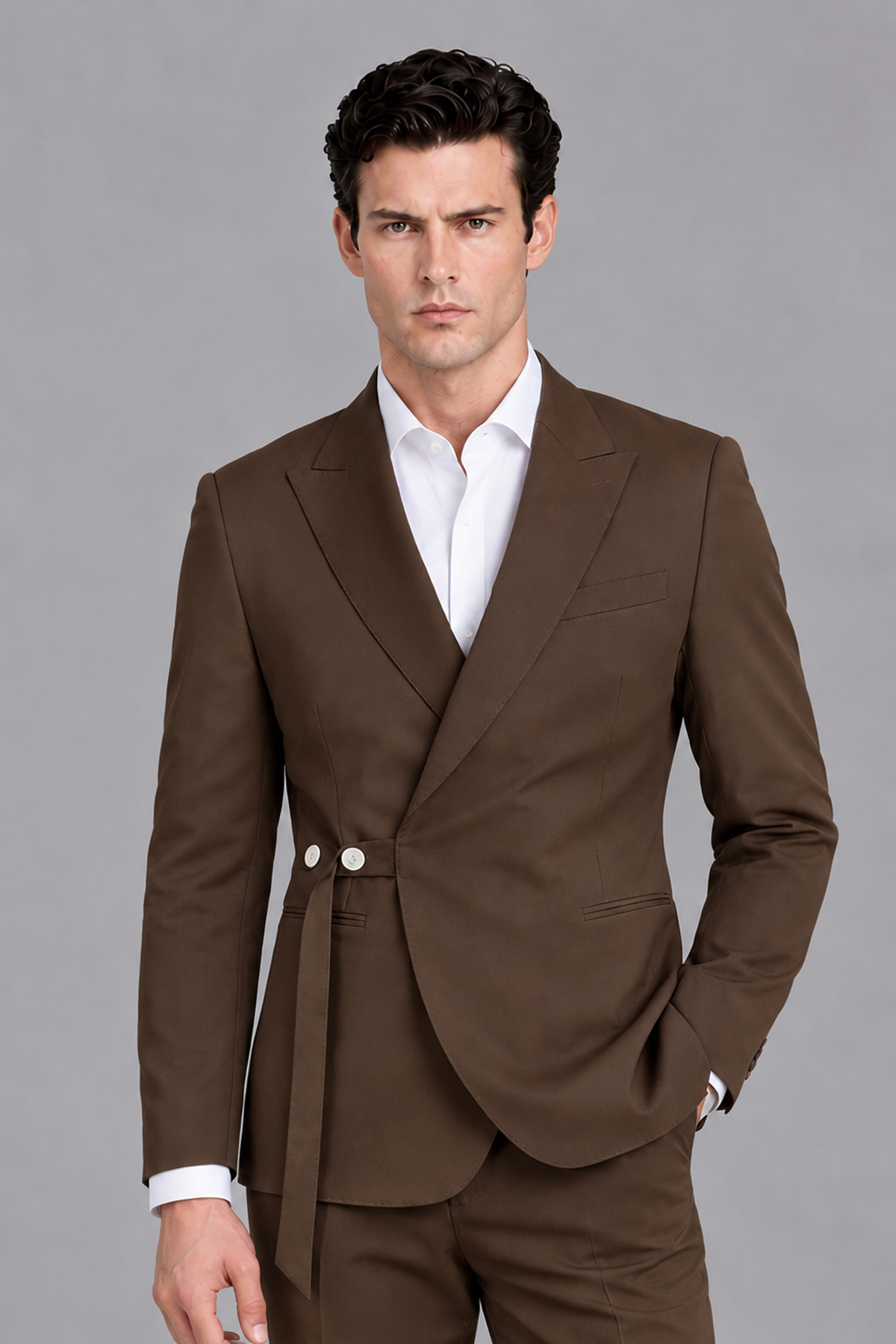 Savile Men's Modern Chocolate 2-Piece Wrap Suit Set – Peak Lapel Side-Button Blazer & Tailored Trousers - Chocolate - Chocolate_1