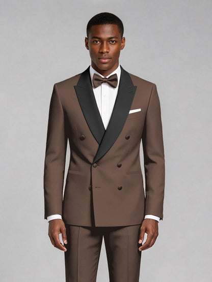 Men's Chocolate Double-Breasted Tuxedo Suit – Satin Shawl Lapel Chocolate-Tie Wedding & Gala 2-Piece Set - Chocolate