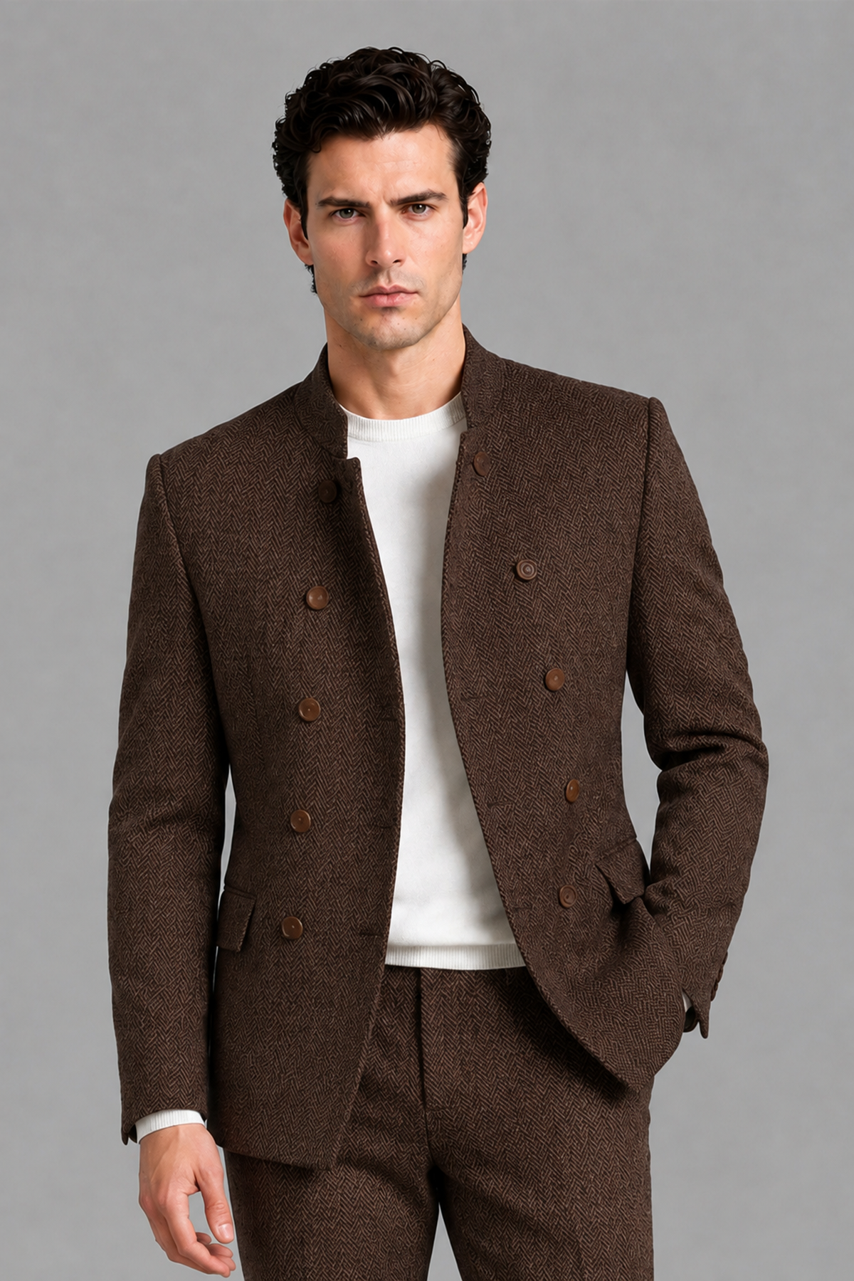 Savile Men's Chocolate Stand Collar Double Breasted Slim Fit 2-Piece Suit Set – Jacket & Trousers | Wedding Gala Formal - Chocolate