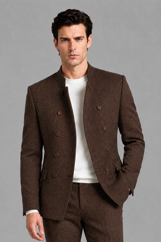 Savile Men's Chocolate Stand Collar Double Breasted Slim Fit 2-Piece Suit Set – Jacket & Trousers | Wedding Gala Formal - Chocolate