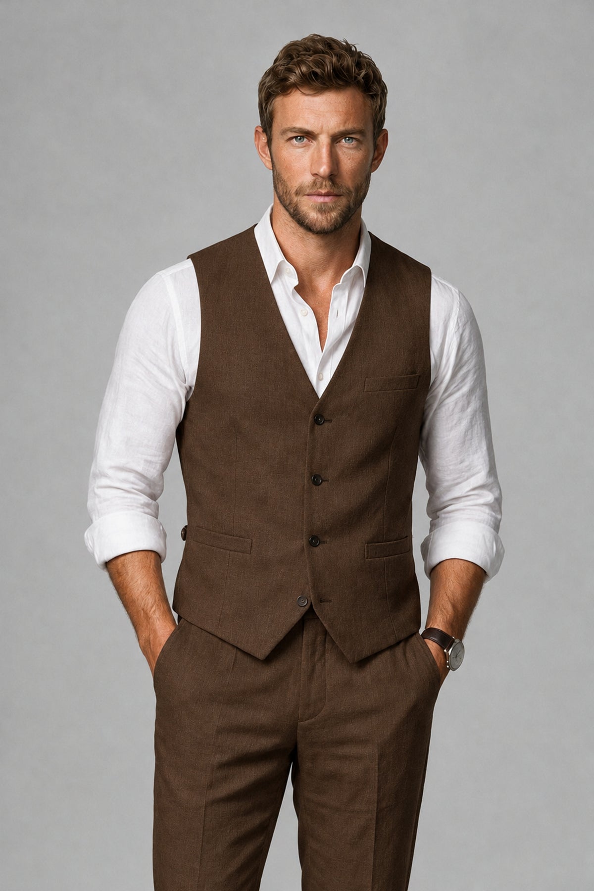 Men's Chocolate Linen Blend Single-Breasted V-Neck Suit Vest | Savile QX0101 - Chocolate