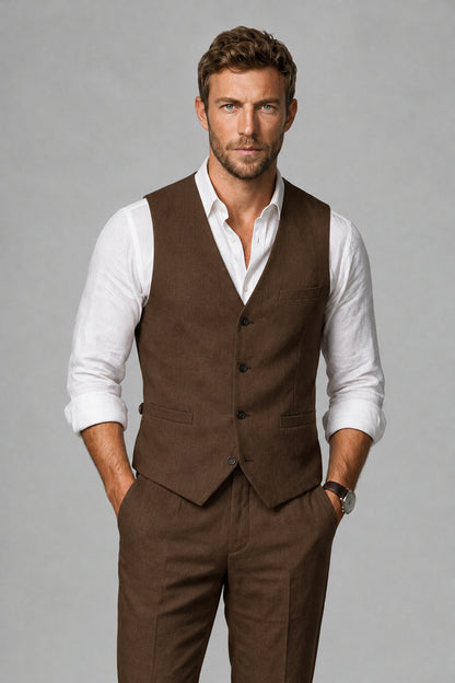 Men's Chocolate Linen Blend Single-Breasted V-Neck Suit Vest | Savile QX0101 - Chocolate
