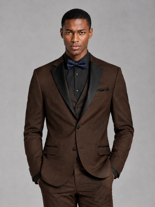 Savile Men's Chocolate Contrast Shawl Lapel Tuxedo Suit – 3-Piece Wedding, Prom & Black-Tie Formal Set - Chocolate - Chocolate_1