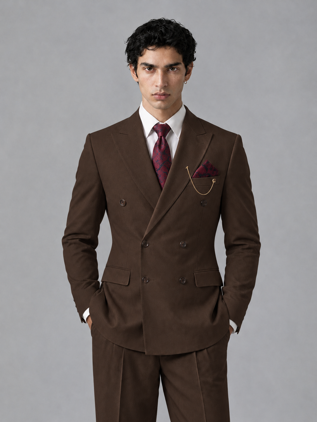 Savile Men's Chocolate Double-Breasted 2-Piece Suit Set – Peak Lapel Blazer & Pleated Wide-Leg Trousers - Chocolate - Chocolate_1